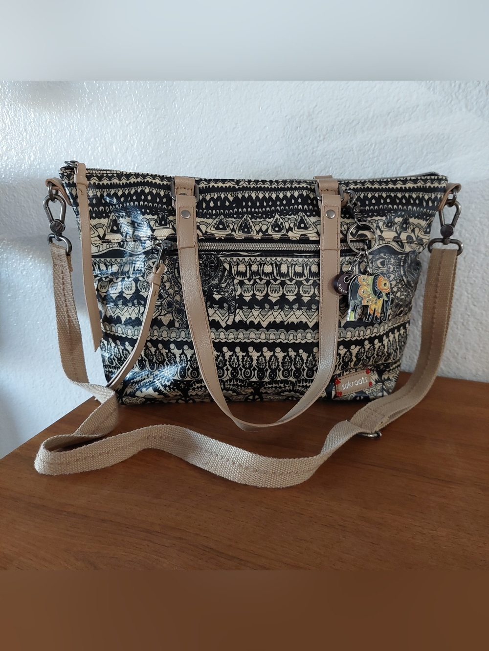 Sakroots Black & Cream Printed Tote Bag with Removable Strap Elephant